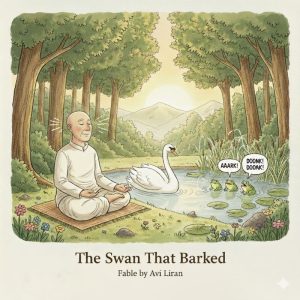 White swan on a pond at Singapore Botanic Gardens, a fable by Avi Liran on curiosity and leadership